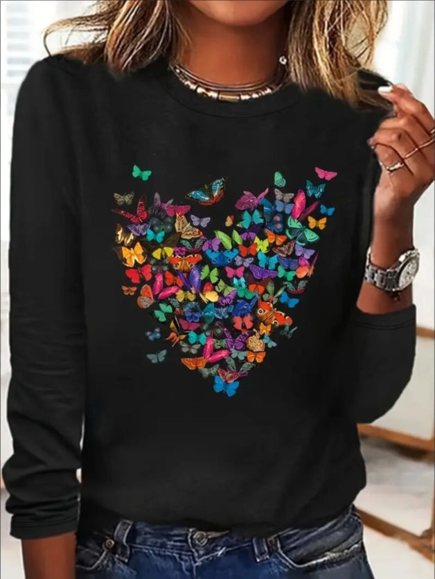 Colorful Women's Print Long Sleeved- Butterflies Love Print, Black