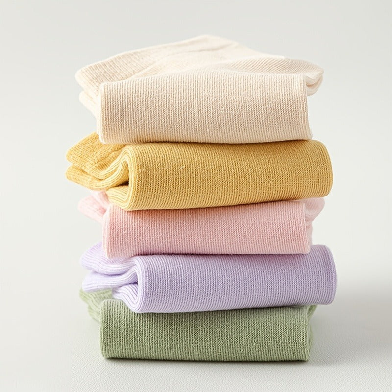 5 pairs of stylish and vibrant women's cotton socks in pastel colors, stacked.