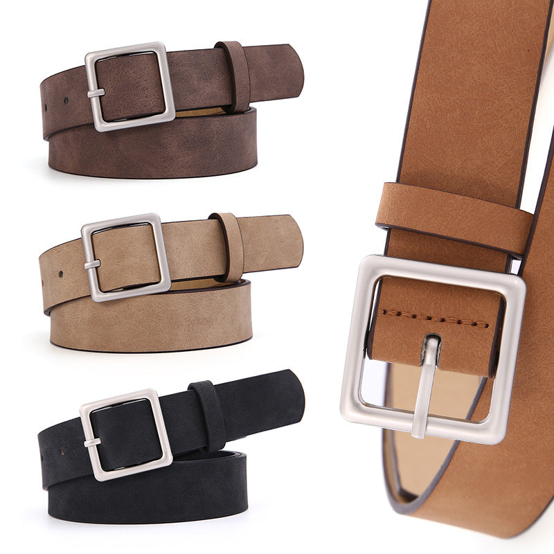 Korean style women's belt with square buckle in black, brown, camel, and khaki colors.