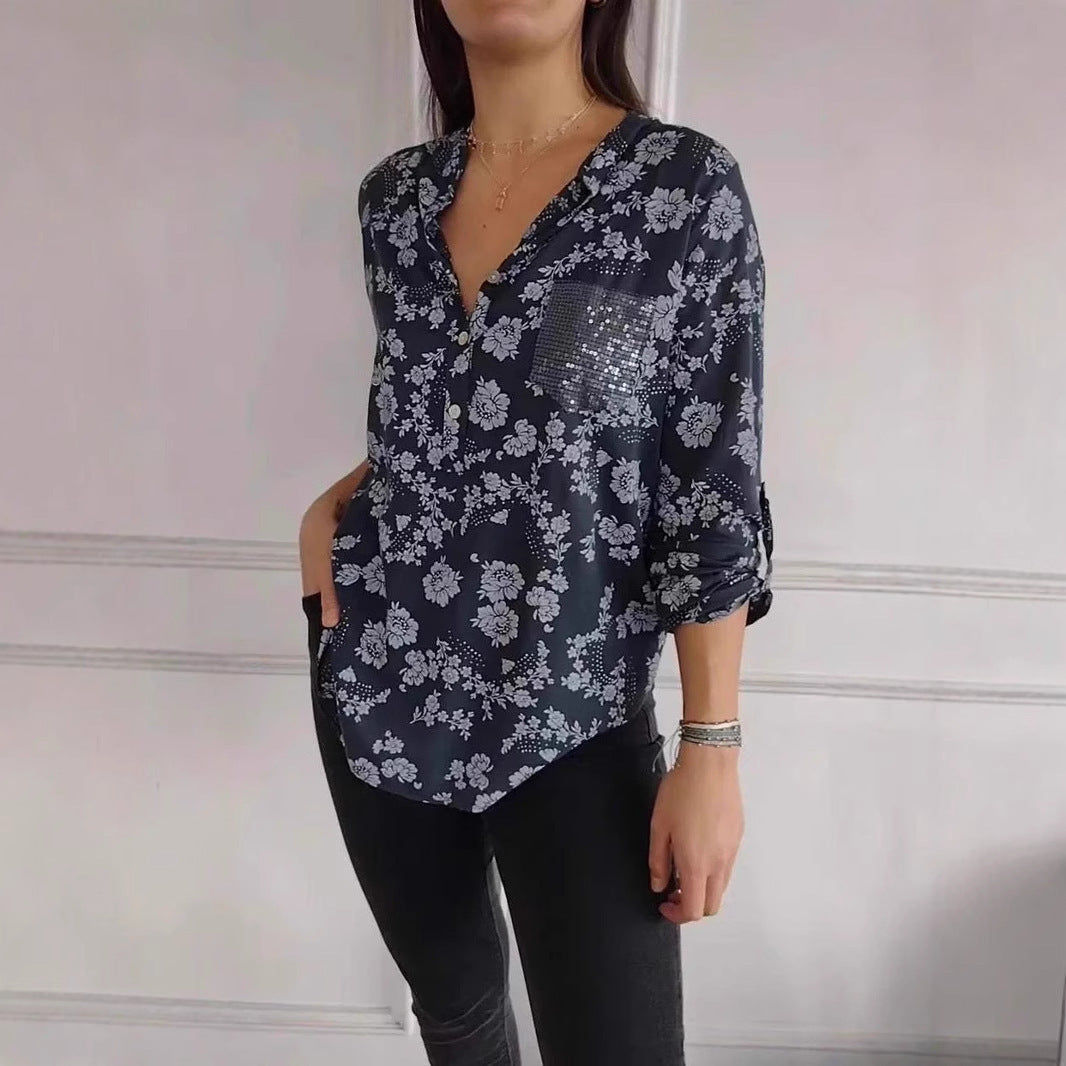 Loose casual long sleeves floral shirt with sequined pocket.