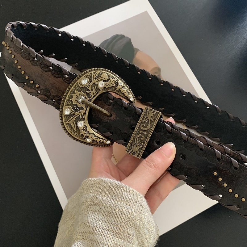 Special-interest Design Vintage Distressed Threading Rivet Belt