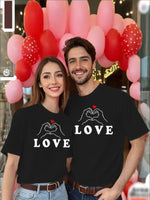 Valentine's Day Women's and Couples Short-Sleeved T-Shirt- Heart Love Print, Polyester, Black
