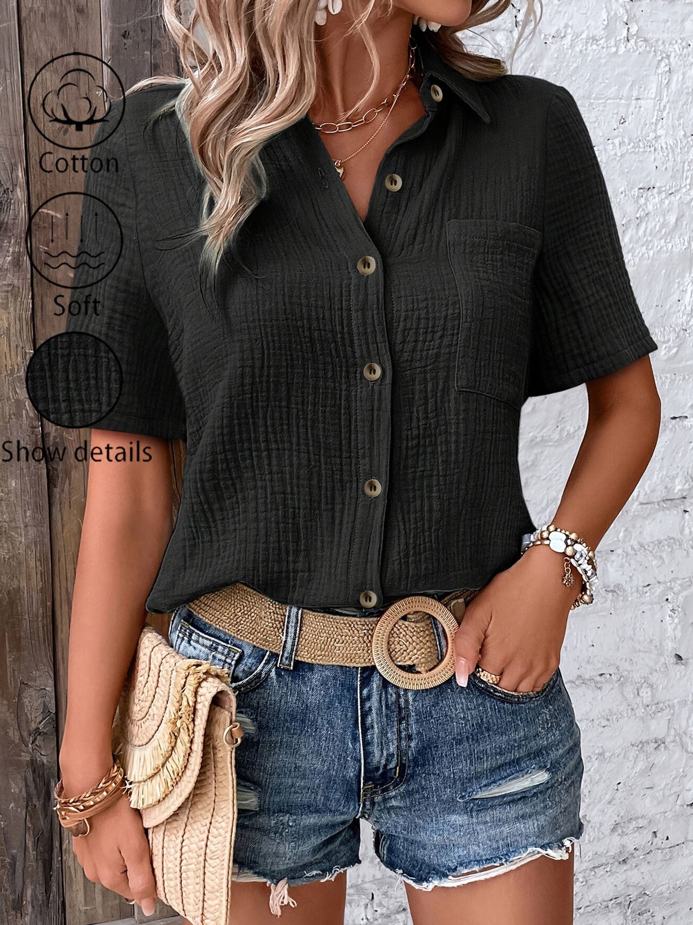 Summer Women's V-Neck Blouse - Casual Short Sleeve Button-Up Shirt With Chest Pocket, Solid White, Lightweight & Breathable For Casual   Attire