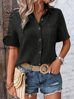 Summer Women's V-Neck Blouse - Casual Short Sleeve Button-Up Shirt With Chest Pocket, Solid White, Lightweight & Breathable For Casual   Attire