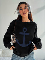 Fashionable Women's Hoodless Sweatshirt- Anchor Print