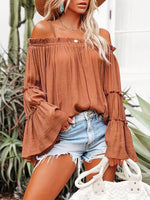 Women's Elegant Solid Color Off Shoulder Flared Sleeve Shirt for Vacation and Casual Wear