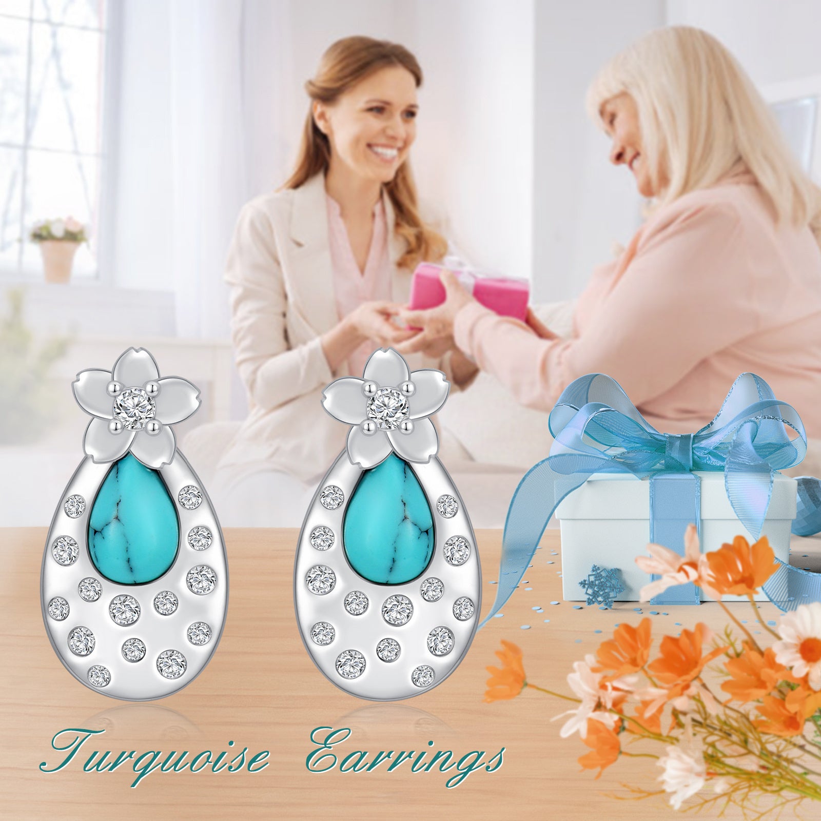 Turquoise Cherry Blossom 925 Sterling Silver Stud Earrings