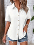 Summer Women's V-Neck Blouse - Casual Short Sleeve Button-Up Shirt With Chest Pocket, Solid White, Lightweight & Breathable For Casual   Attire