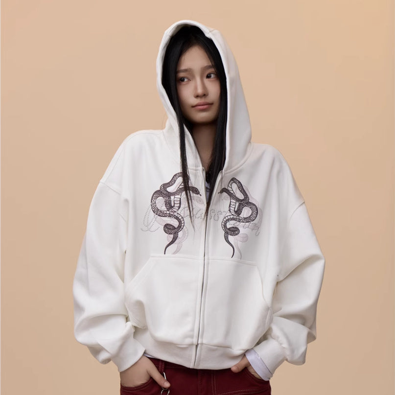 Retro Hooded Printed Casual Sweatshirt Women's Hooded Jacket