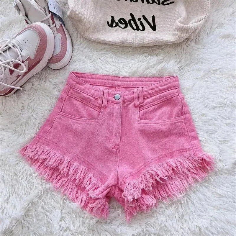 Mid-waist Korean Style Casual Hong Kong Style Burrs Tassels Hot Girl Denim Shorts