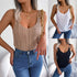 Women's sleeveless knitted camisole with metal buckle straps, crew neck tank top.