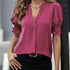 Ladies' casual style lantern sleeves V-neck short-sleeved shirt in pink.