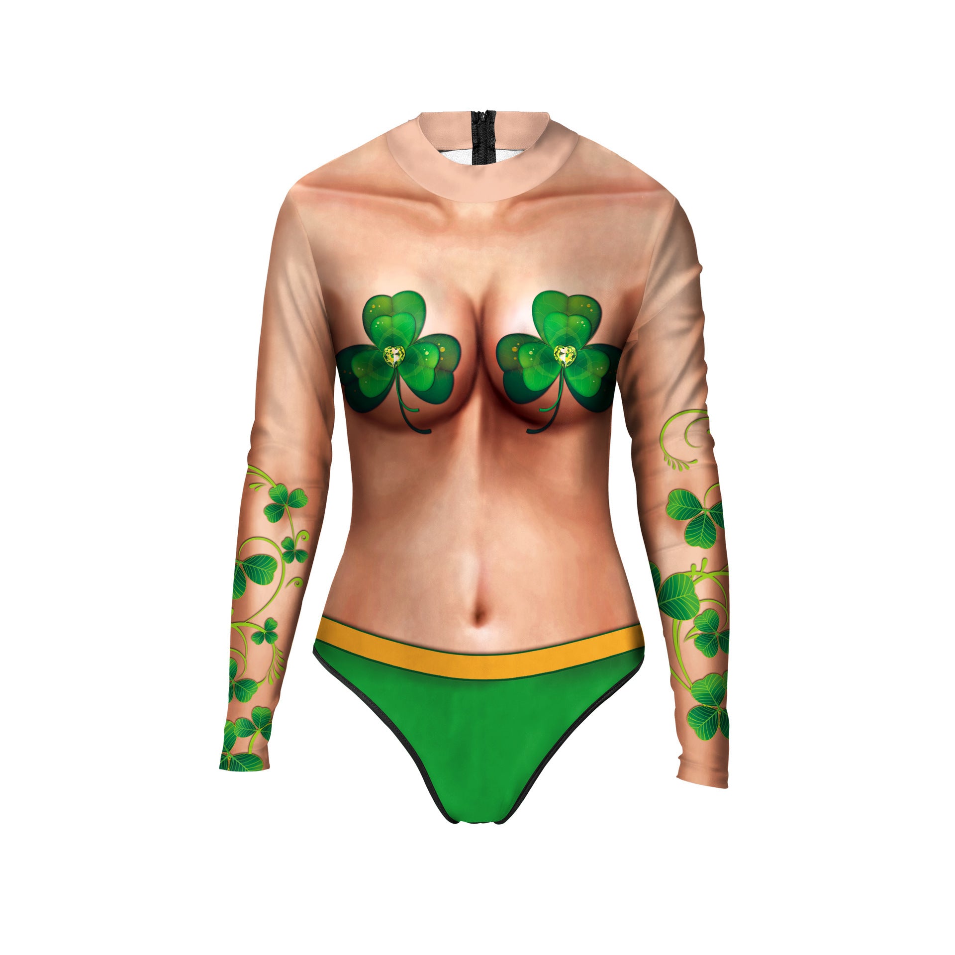 St. Patrick's Day Green 3D Digital Printed Women's Long Sleeve Conservative Swimwear