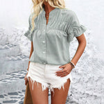 Women's Summer Casual Shirt - Button Front, Pleated Design With Lace Trim, Solid Color Top