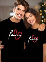 Valentine's Day Women's and Couples Short-Sleeved T-Shirt- Love Print, Polyester, Black