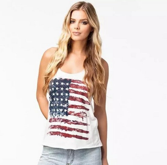 American Flag Print Vest Vintage Distressed T-Shirt Top