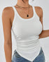 Solid ruched hanky hem tank top in white with asymmetrical scoop neck design.