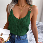 Women's Sleeveless Knitted Camisole With Metal Buckle Straps Crew Neck Tank Top