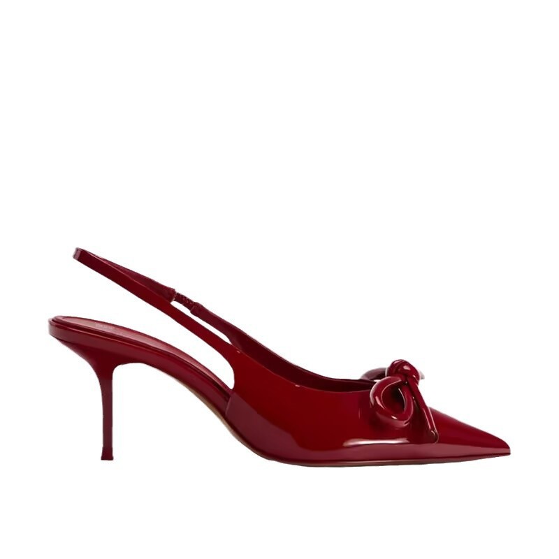 Women's Shoes Red Bowknot Decoration Low-cut Exposed Heel