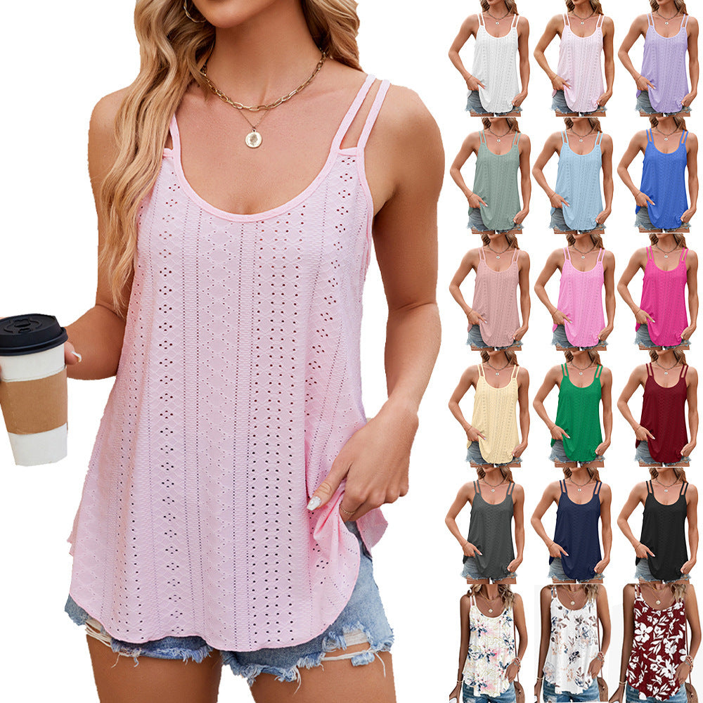 Solid color jacquard round neck women's tank top with inner shoulder straps in macaron colors, featuring a loose fit and sleeveless design.