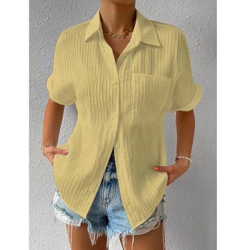 Splicing Pocket Short Sleeved Solid Color Temperament Casual Lapel Raglan
