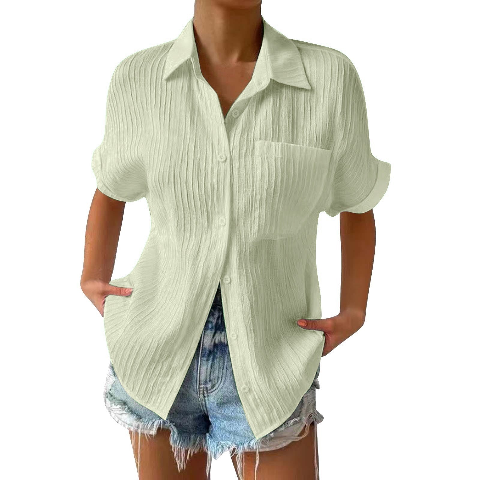 Splicing Pocket Short Sleeved Solid Color Temperament Casual Lapel Raglan
