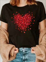 Valentine's Day Women's Short-Sleeved T-Shirt- Small Hearts Print, Polyester, Black