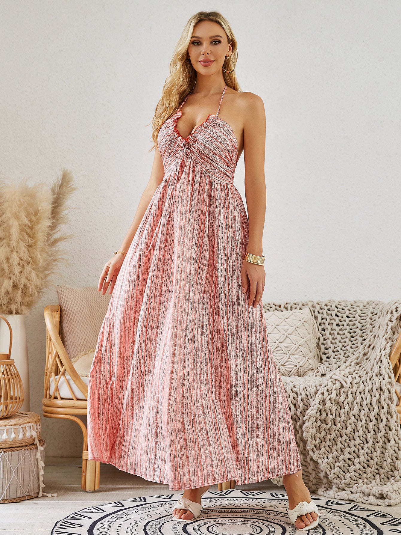 Bohemian Halter Maxi Dress - Women's Summer Sleeveless Flowy Beach Dress