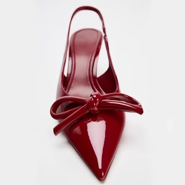 Women's Shoes Red Bowknot Decoration Low-cut Exposed Heel