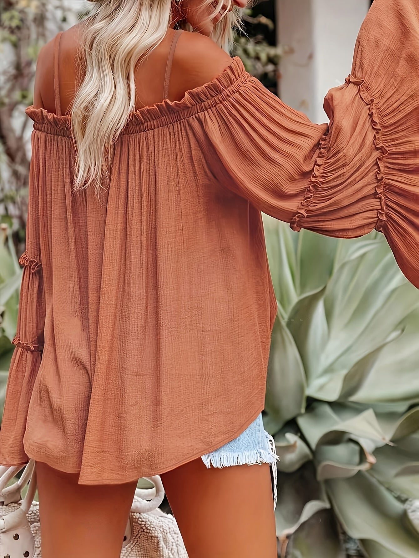 Women's Elegant Solid Color Off Shoulder Flared Sleeve Shirt for Vacation and Casual Wear