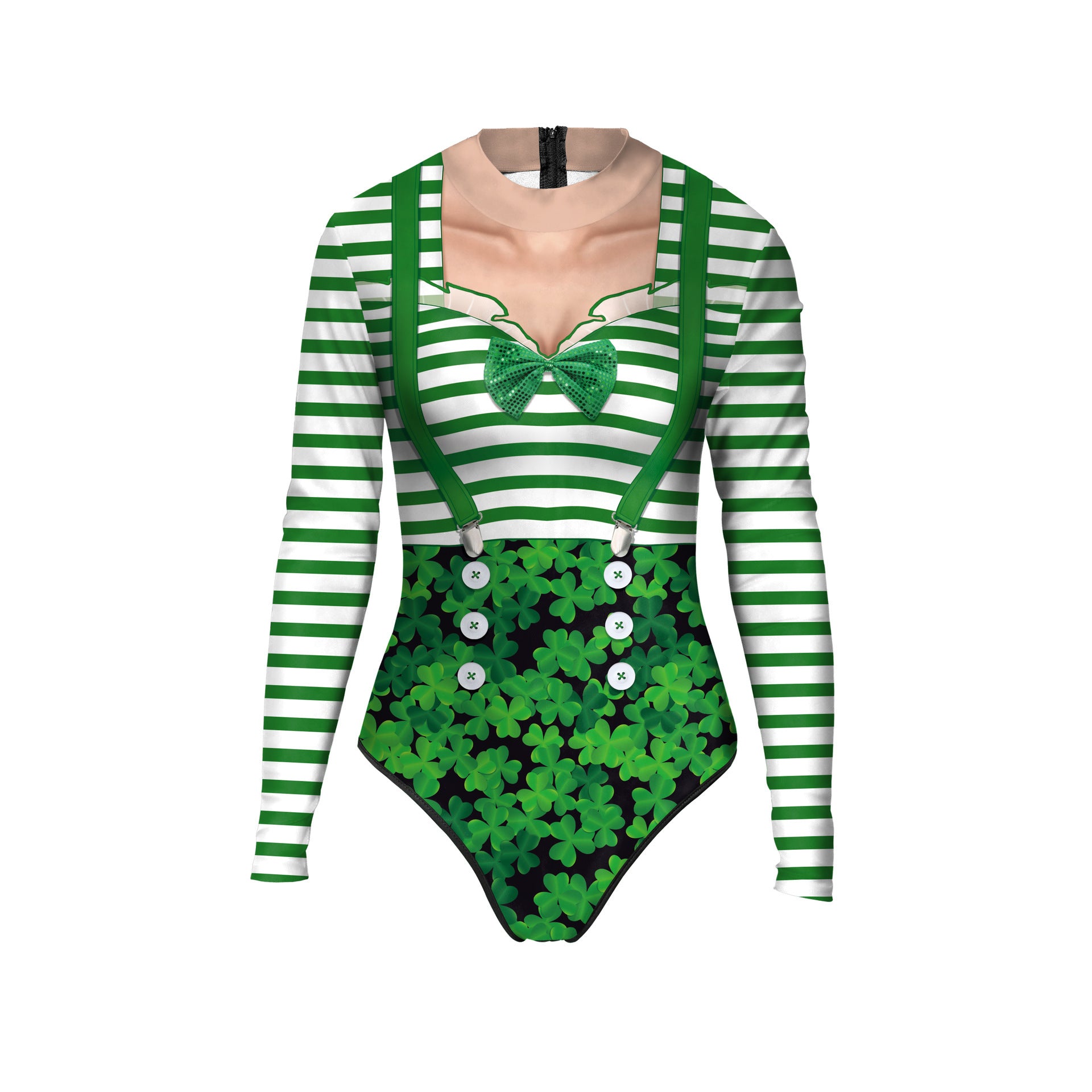 St. Patrick's Day Green 3D Digital Printed Women's Long Sleeve Conservative Swimwear