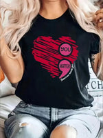 Valentine's Day Women's Short-Sleeved T-Shirt- Heart Print, Polyester, Black