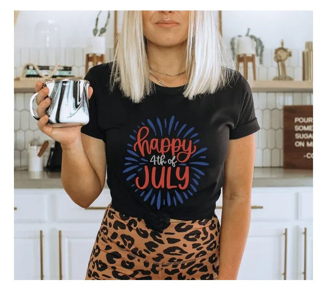 Happy 4th of July T-shirt with festive design, perfect for celebrating Independence Day.