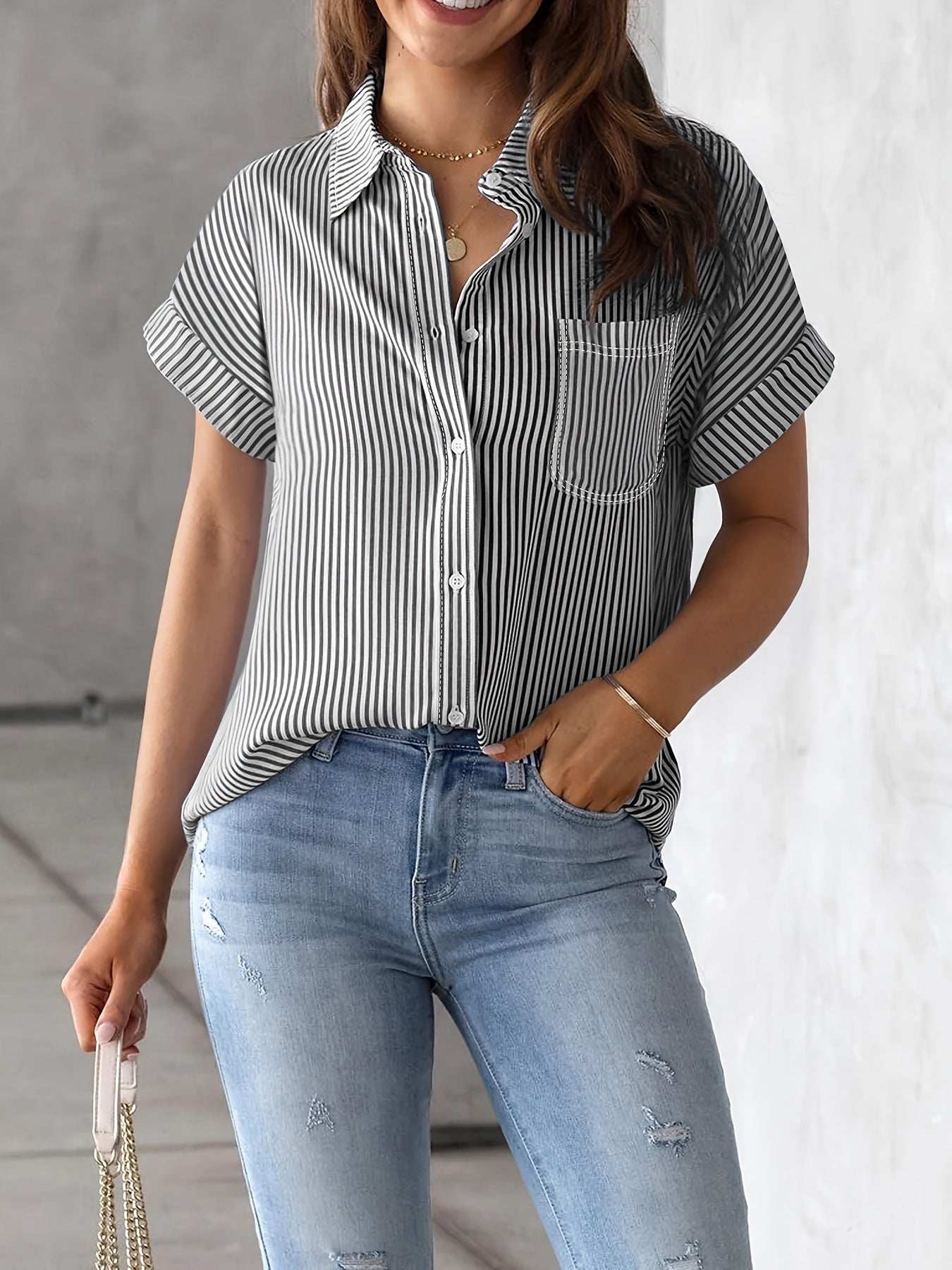Vertical Striped Button Front, Stylish Short Sleeve Shirt For Spring & Summer, Women's Clothing