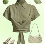 Ladies' Short Sleeved Lapel Waist Cross Strap Design Solid Color Shirt