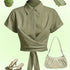 Ladies' Short Sleeved Lapel Waist Cross Strap Design Solid Color Shirt