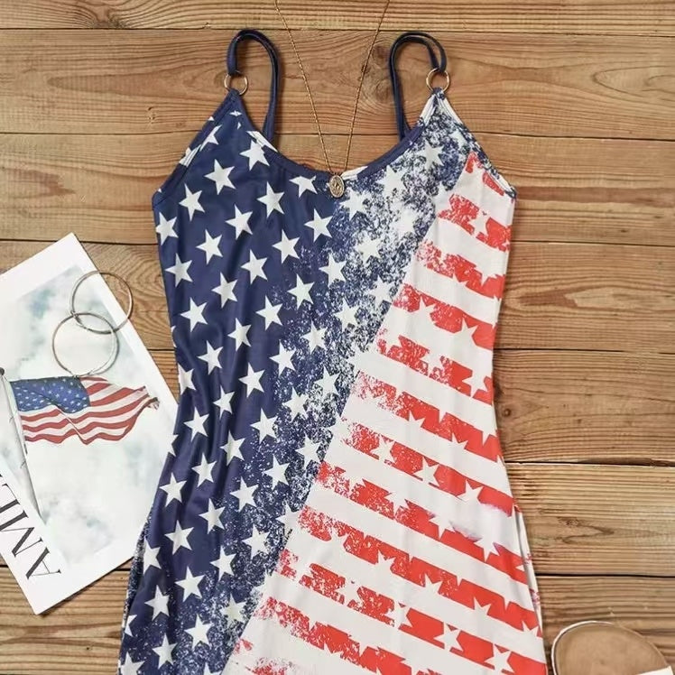 American Flag Print Mini Dress | American Flag V-neck Dress | Bili Now