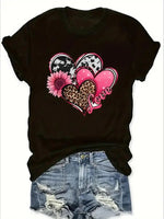 Valentine's Day Women's Short-Sleeved T-Shirt- Cute Hearts Print, Polyester, Black