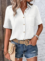 Summer Women's V-Neck Blouse - Casual Short Sleeve Button-Up Shirt With Chest Pocket, Solid White, Lightweight & Breathable For Casual   Attire