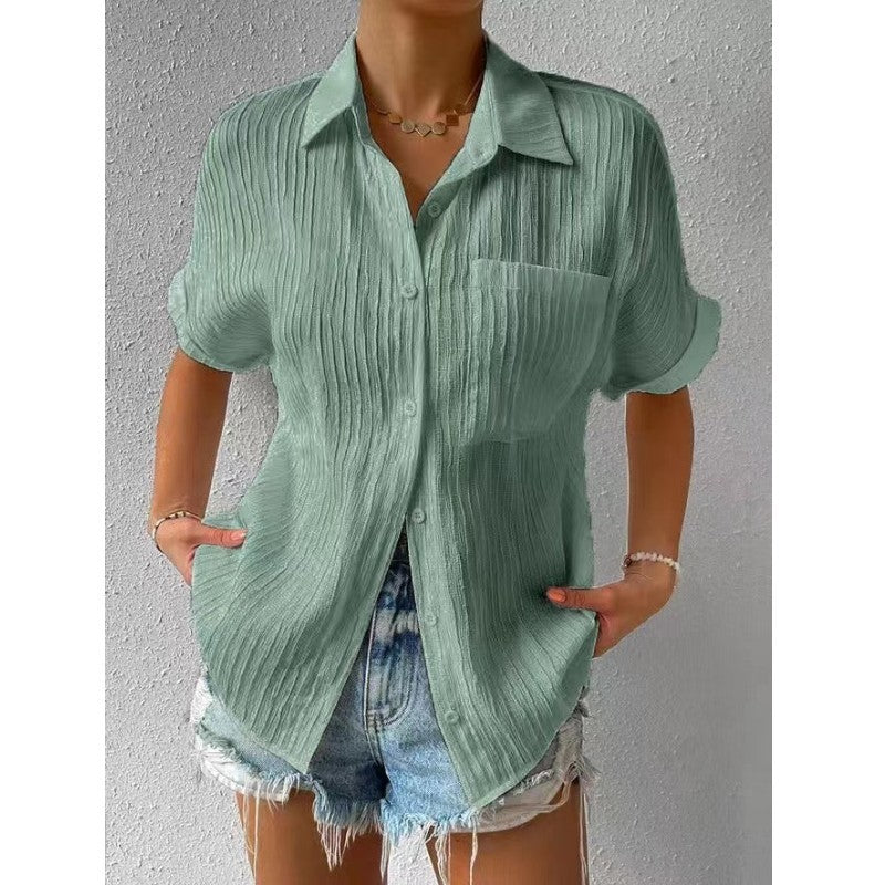 Splicing Pocket Short Sleeved Solid Color Temperament Casual Lapel Raglan