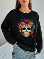 Stylish Women's Hoodless Sweatshirt- Skull & Flowers Print