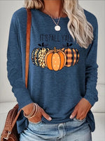 Fall Season Women's Printed Long Sleeve- Autum Pumpkins, Blue