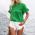Women's Summer Casual Shirt - Button Front, Pleated Design With Lace Trim, Solid Color Top