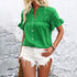 Women's Summer Casual Shirt - Button Front, Pleated Design With Lace Trim, Solid Color Top