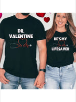 Valentine's Day Couples Short-Sleeved T-Shirt- Dr. Valentine Lifesaver Print, Polyester, Black