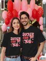 Valentine's Day Women's and couples Short-Sleeved T-Shirt- Sucker for You Print, Polyester, Black
