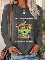 Retro Women's Printed Long Sleeve- Hippy Dogs Print, Grey