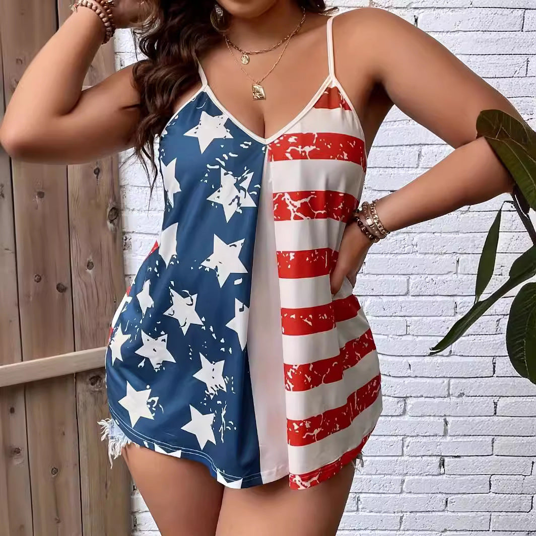 American Independence Day flag off-shoulder vest in red and blue with star and stripe design.