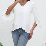Women's Solid Color V-neck Ruffled Irregular Flared Sleeve Blouse Top