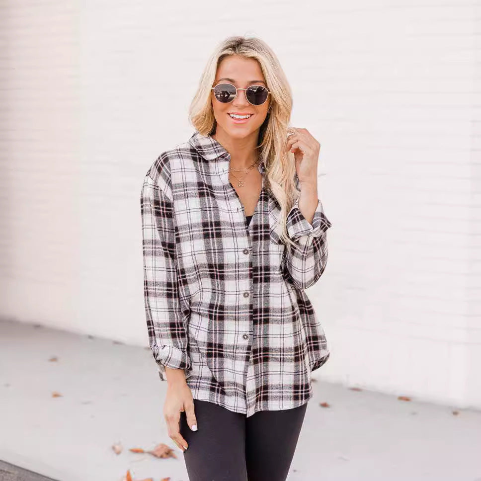 New Polo Collar Pocket Long Sleeve Plaid Shirt For Women
